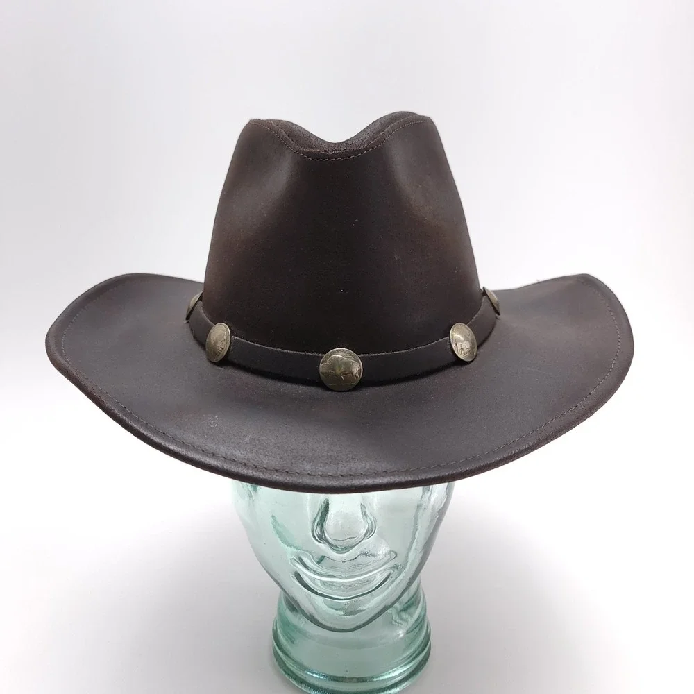 Henschel Hat Co. Brown Leather Western Buffalo Nickel Coin Banded Hat‎ Sz M